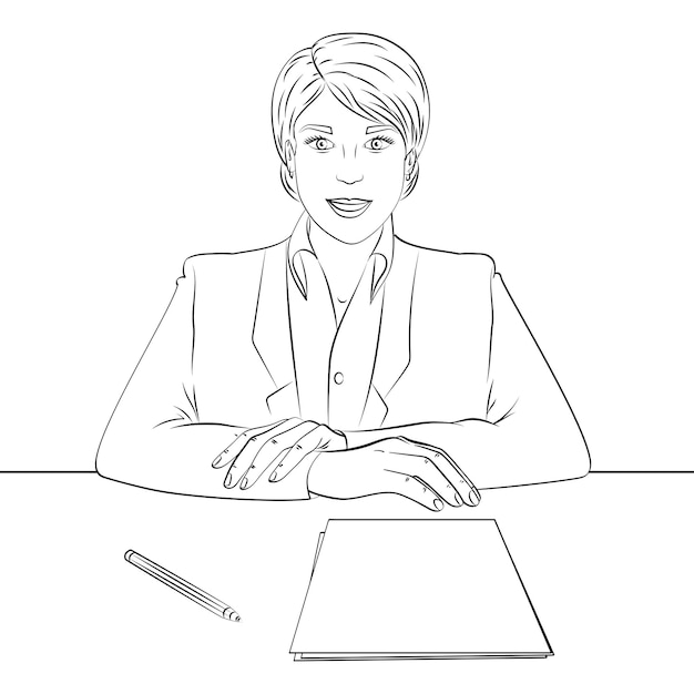 Colorir linhas pretas em um chefe de mulher de negócios de fundo branco na mesa de recepção pessoal entrevista de emprego Vetor