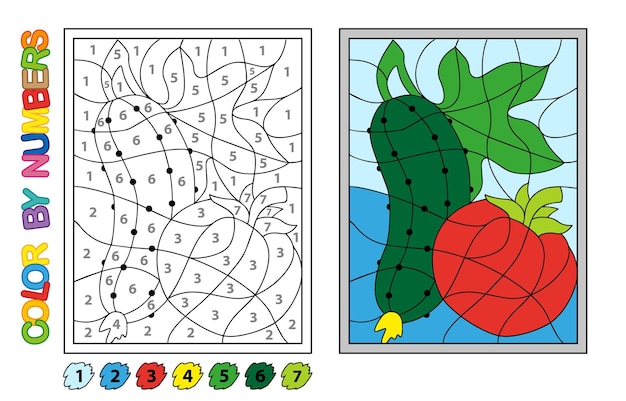 Colorir por números. jogo de puzzle para a educação infantil. números e  cores para desenhar e aprender matemática. frutas de vetor