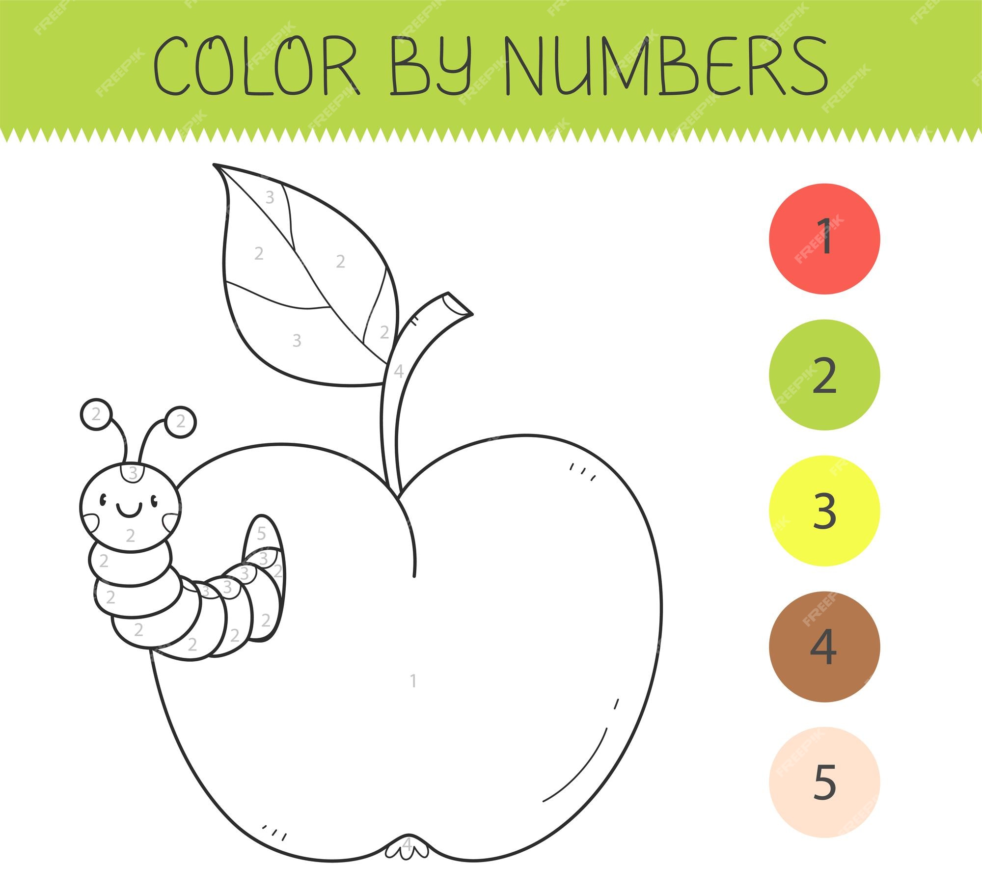 Livro de colorir por números para crianças com maçã e lagarta página para  colorir com maçã e minhoca