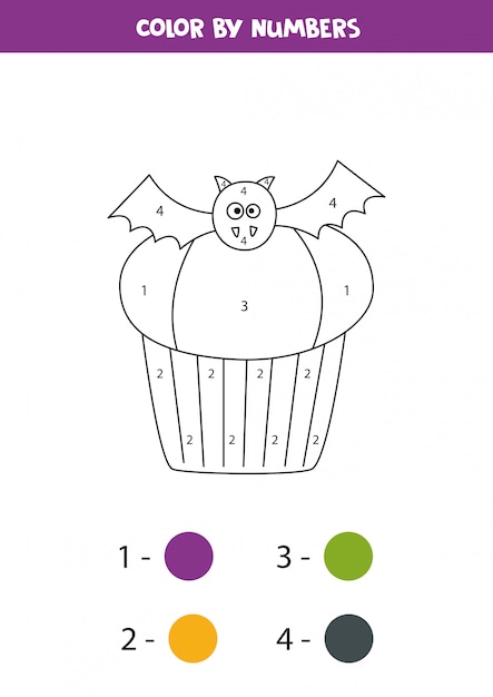 Colorir queque de morcego de halloween fofo por números. jogo de matemática.