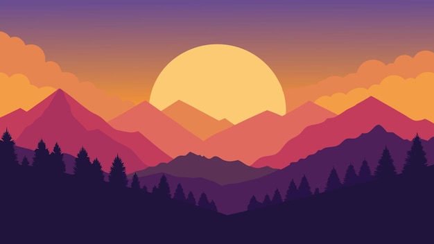 Coloroso nascer do sol de verão nas montanhas nebulosas ilustração vetorial plana Fundo da natureza