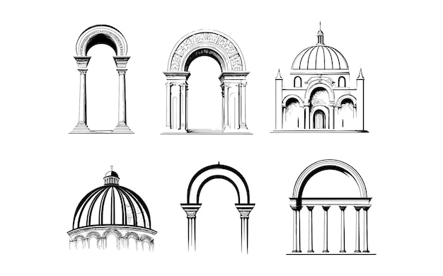 Vetor colunas, arcos e cúpulas de antigos edifícios gregos e romanos.