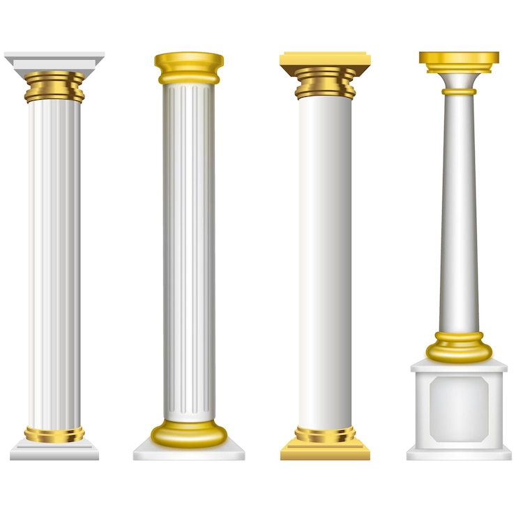 Vetor colunas cilíndricas antigas de pedra de mármore branco e dourado