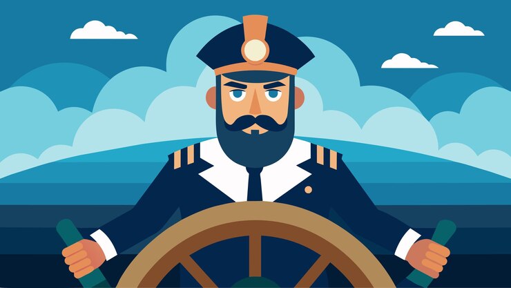 Vetor com o estoico capitão ao leme, o navio da vida desafia o desconhecido, conduzido por um firme