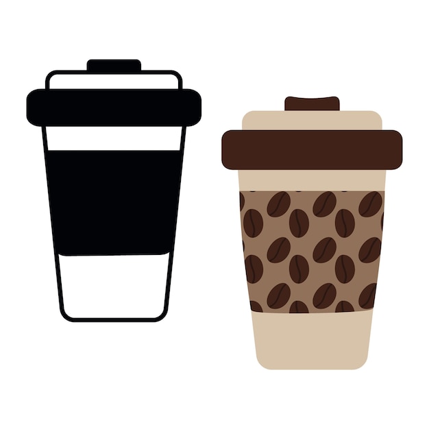 Com padrão de grãos de café e copos de café descartáveis pretos e brancos com tampa ideia de saudação de logotipo