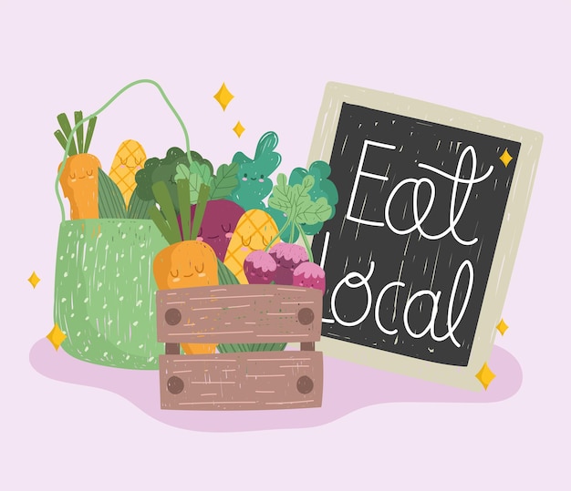 Coma o conselho local, a cesta de madeira e o saco ecológico com ilustração vetorial de vegetais frescos de alimentos