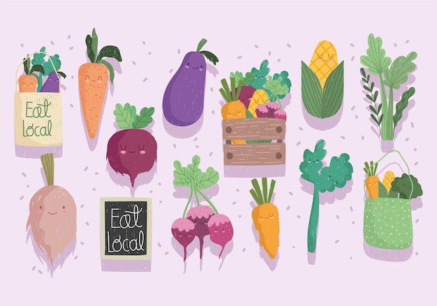Coma vegetais locais, comida saudável conjunto de desenhos animados