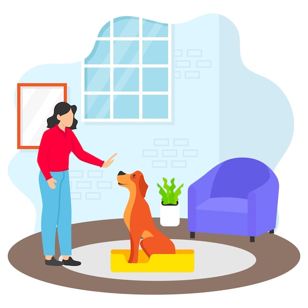 Comandos de treinamento de cães conceito Site e Down Treinador ensinando permanência para dar um vetor de sinal de liberação