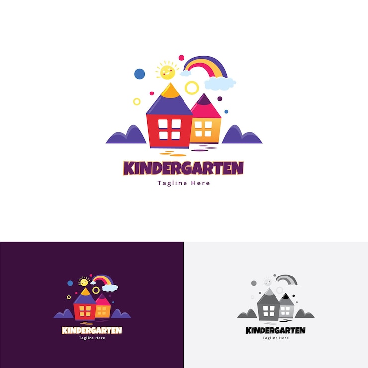 Combinação de arco-íris e casa com lápis de jardim de infância infantil com modelo de logotipo de cores divertidas para pré-escola