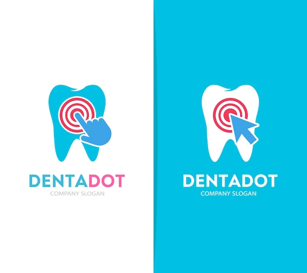 Vetor combinação de dente vetorial e logotipo de clique clínica dentária e símbolo ou ícone de cursor dentário único e