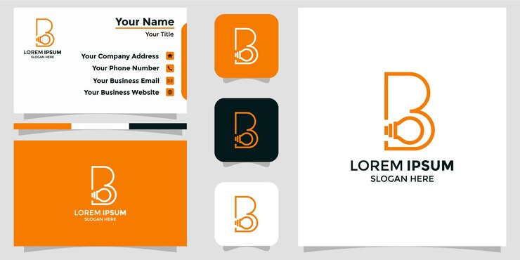 Combinação minimalista do logotipo B de lâmpada e cartão de marca