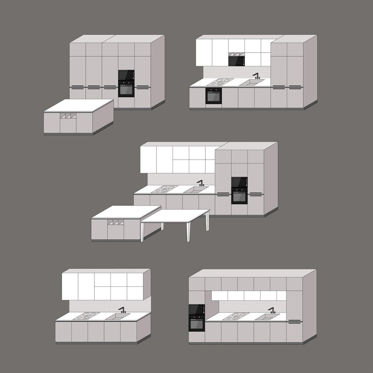 Combinações de modelos de design de cozinha com vista em perspectiva Coleção de móveis de cozinha