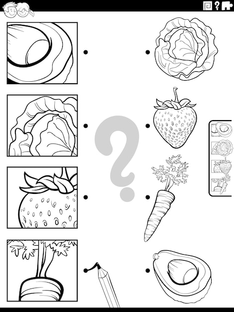 Combinar frutas e legumes e tarefa de recortes para colorir e imprimir