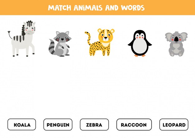 Combine animal e palavra. Jogo de gramática inglesa para crianças.