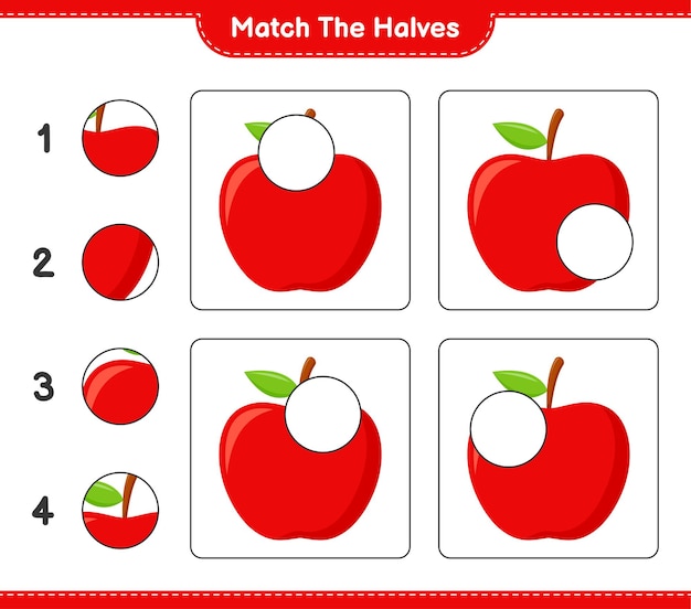 Combine as metades. combine as metades da apple. jogo educativo para crianças, planilha para impressão