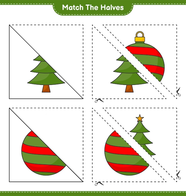 Combine as metades combine as metades da árvore de natal e da bola de natal jogo educativo para crianças