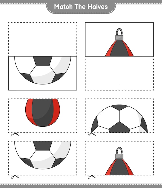 Combine as metades. combine as metades da bola de futebol e do saco de pancadas. jogo educativo para crianças, planilha para impressão, ilustração vetorial