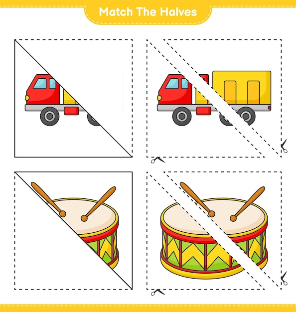Combine as metades combine as metades da planilha para impressão do jogo educacional infantil de caminhão e tambor