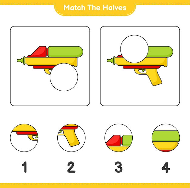 Combine as metades combine as metades da planilha para impressão do jogo educativo para crianças water gun