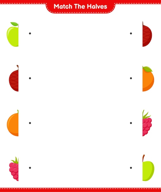 Combine as metades. combine as metades das frutas. jogo educativo para crianças, planilha para impressão