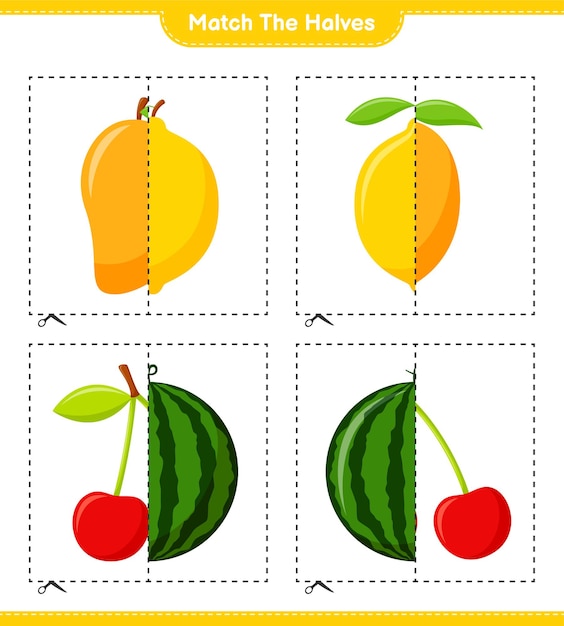 Combine as metades. combine as metades das frutas. jogo educativo para crianças, planilha para impressão