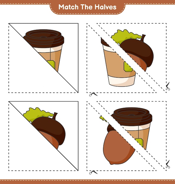 Combine as metades combine as metades de bolota e xícara de chá planilha para impressão de jogo educativo para crianças