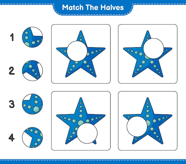 Combine as metades. combine as metades de starfish. jogo educativo para crianças, planilha para impressão