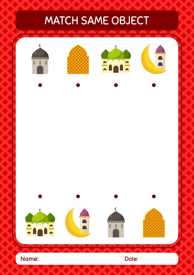 Combine com a mesma planilha de ícones do ramadã do jogo de objetos para a folha de atividades das crianças pré-escolares
