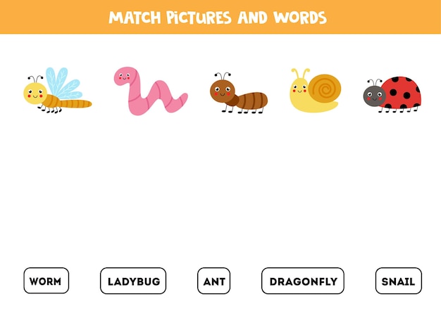 Combine insetos bonitos e seus nomes. Jogo educativo para crianças. Folha de trabalho de leitura