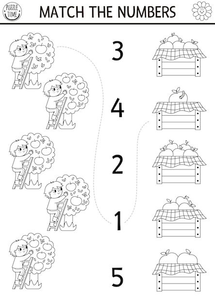 Combine os números do jogo de fazenda em preto e branco com maçãs de fazendeiro atividade matemática rural ou de jardim ou página para colorir na planilha de contagem educacional da fazenda com árvore de frutas xa