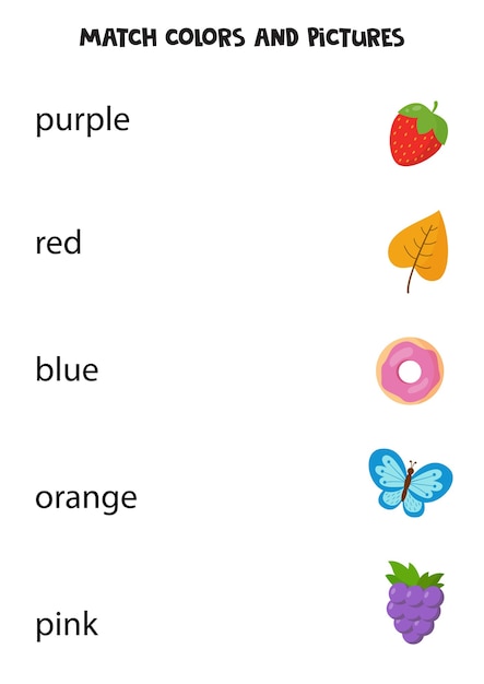Combine palavras escritas com imagens certas. Planilha educacional para crianças. Aprendendo cores.