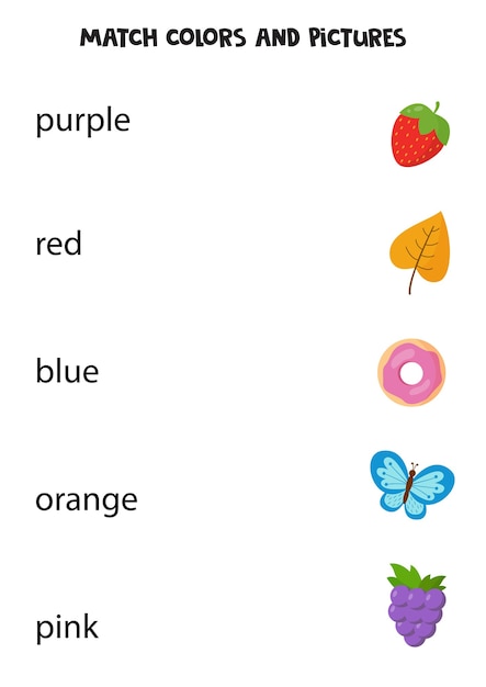 Combine palavras escritas com imagens certas. planilha educacional para crianças. aprendendo cores.