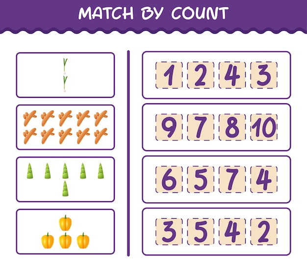 Combine por contagem de vegetais de desenhos animados. Combine e conte o jogo. Jogo educativo para crianças e bebês da pré-escola