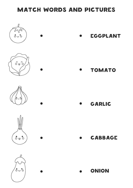 Combine vegetais pretos e brancos e as palavras. jogo lógico educativo para crianças.