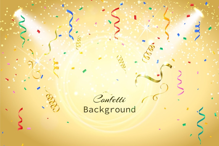 Comemoração de feliz aniversário com confete caindo. Fundo de confete colorido realista.