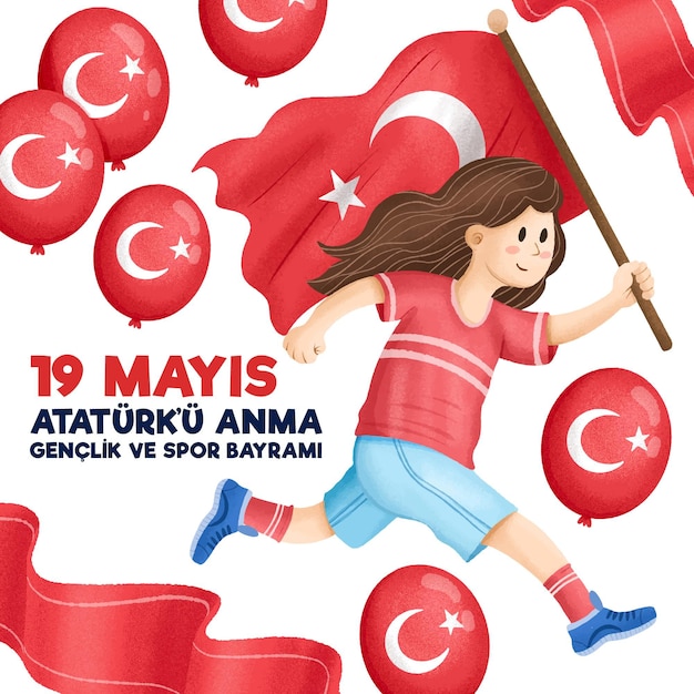 Vetor comemoração desenhada à mão de ilustração do dia ataturk, da juventude e do esporte