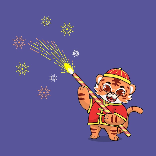 Comemoração do ano novo chinês bonito personagem de desenho animado brincando com fogos de artifício à noite