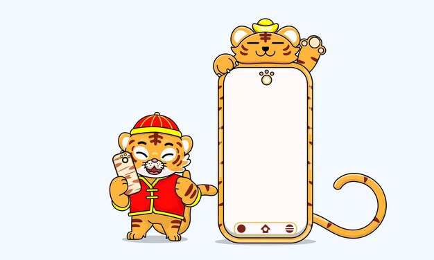 Comemoração do ano novo chinês bonito personagem de desenho animado de tigre e telefone com espaço de cópia