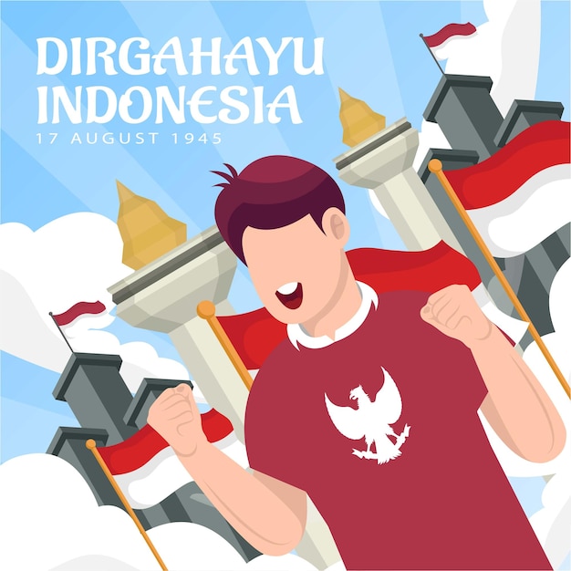 Comemoração do dia da independência da indonésia em 17 de agosto (dirgahayu republik indonesia). bandeiras nacionais da indonésia. ilustração vetorial