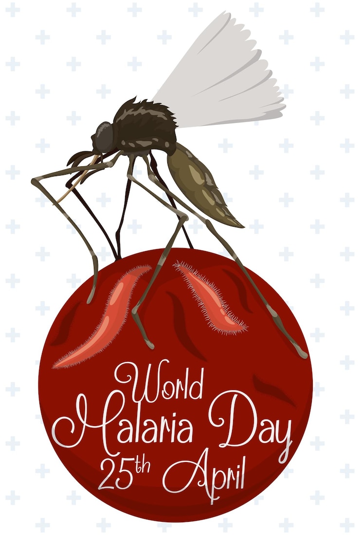 Vetor comemoração do dia mundial da malária com um mosquito fêmea voando com o parasita plasmodium
