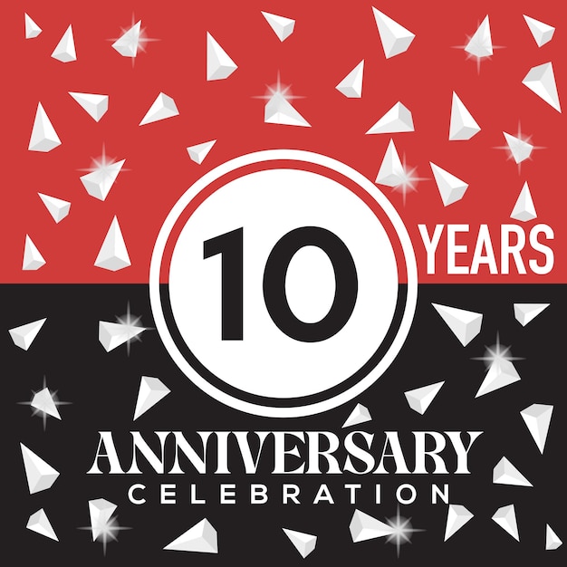 Vetor comemorando o design do logotipo do aniversário de 10 anos com fundo vermelho e preto.
