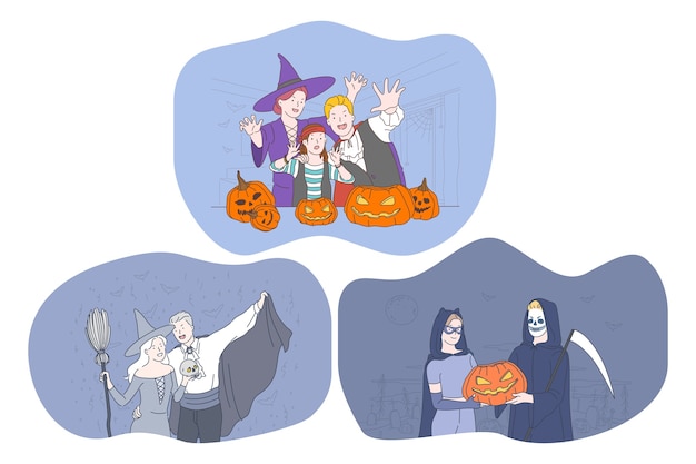 Comemorando o feriado de halloween no conceito de fantasias assustadoras. personagens de desenhos animados de jovens positivos