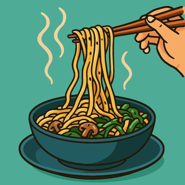 Comendo um prato de macarrão com pauzinhos Uma tigela de macarrões a vapor quente