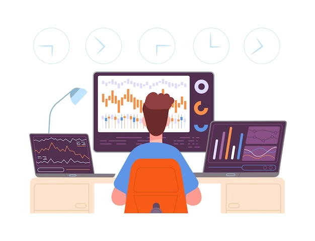 Comerciante corretor profissional, olhando para a tela de negociação financeira, comerciantes internacionais, empresas, análise de dados, venda de moeda de troca de investimento, ilustração vetorial esplêndida