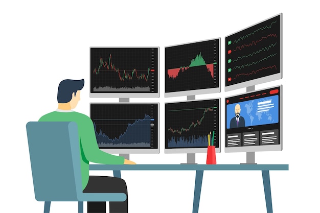 Vetor comerciante do mercado de ações de empresário no local de trabalho, olhando para várias telas de computador com gráficos financeiros, diagramas e gráficos. conceito de análise de índice de negócios. eps de multi-monitor de negociação de bolsa de corretores