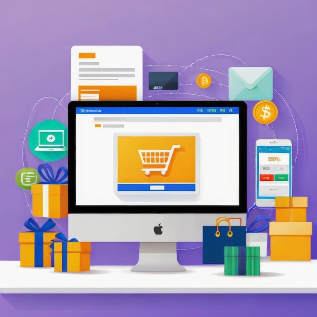 Vetor comércio eletrônico compras on-line e marketing digital renderizador 3d comércio on-line compras e