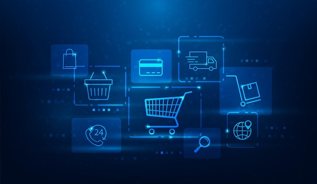 comércio eletrônico compras on-line mercado digital tecnologia da internet carrinho de compras e ícone de negócios ilustração vetorial tecnologia fantástica