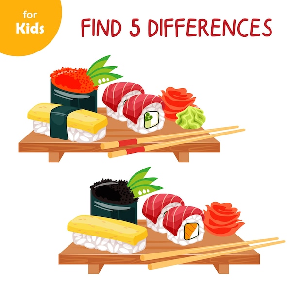 Comida asiática encontre 5 diferenças mini jogo para crianças comida  tradicional japonesa conjunto de sushi