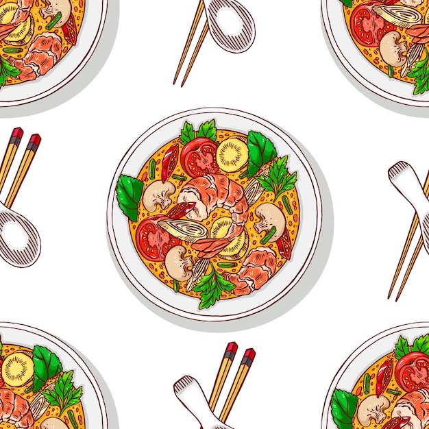 Comida asiática. tom yum kung. plano de fundo sem emenda de apetitosa sopa tradicional tailandesa com camarões. ilustração desenhada à mão