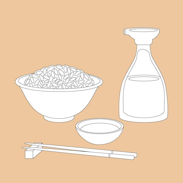 Comida asiática Uma xícara de arroz branco e molho de soja Belo fundo marrom com estilo japonês de bambu